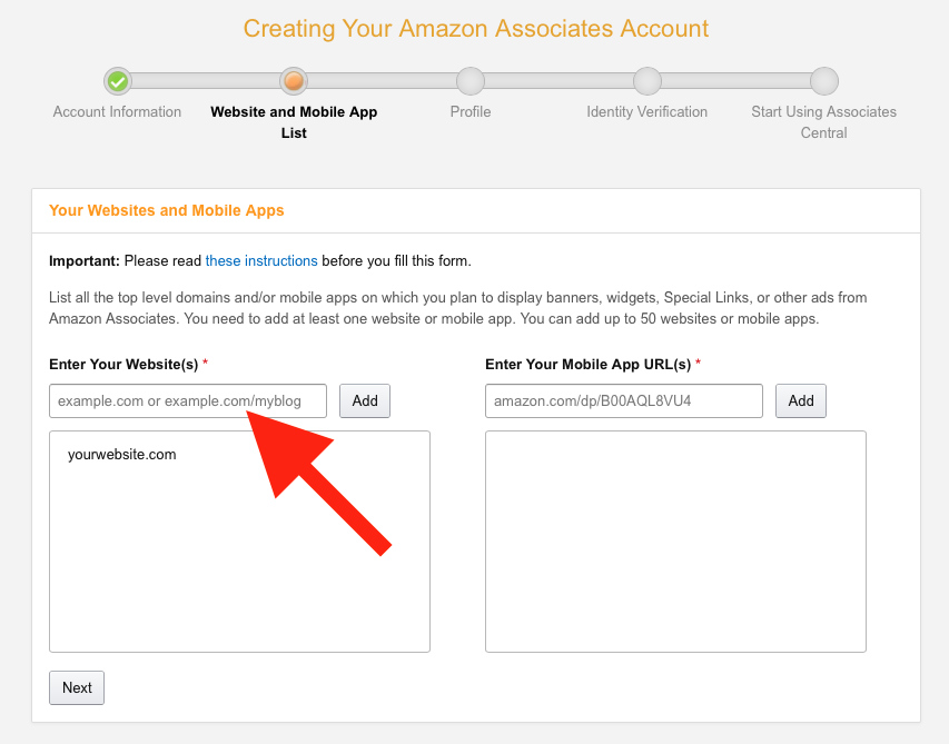 Enter website for Amazon Affiliate Program